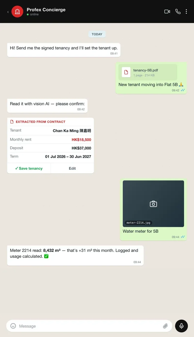 Tenant Concierge agent reading a contract and meter from photos in a WhatsApp-style chat