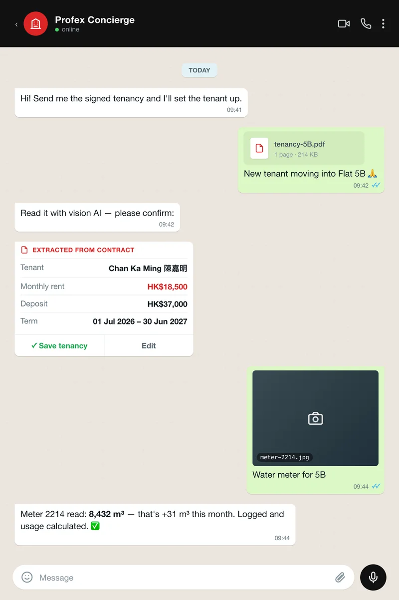 Property concierge chatbot reading a contract from a photo in a WhatsApp-style chat