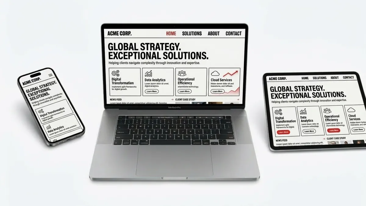 Corporate website displayed across laptop, tablet, and smartphone