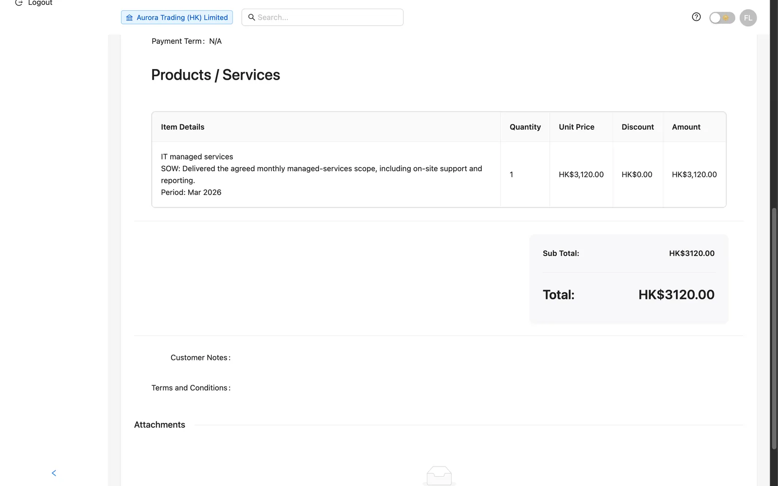 Invoice detail — line items and totals