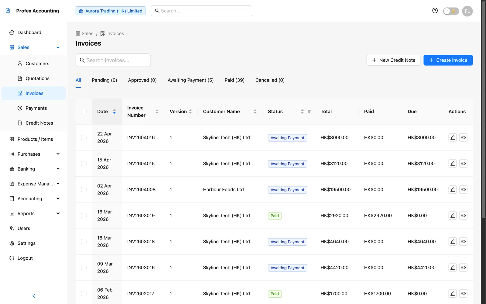 Sales module — invoice management