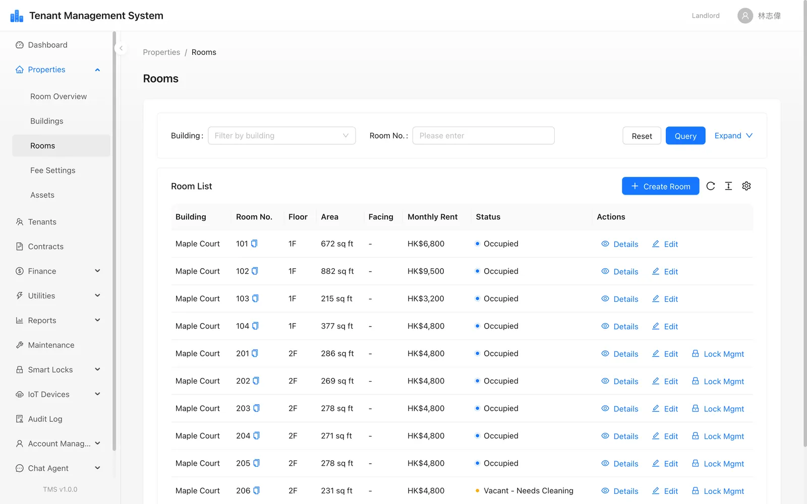 Properties module — room and unit management