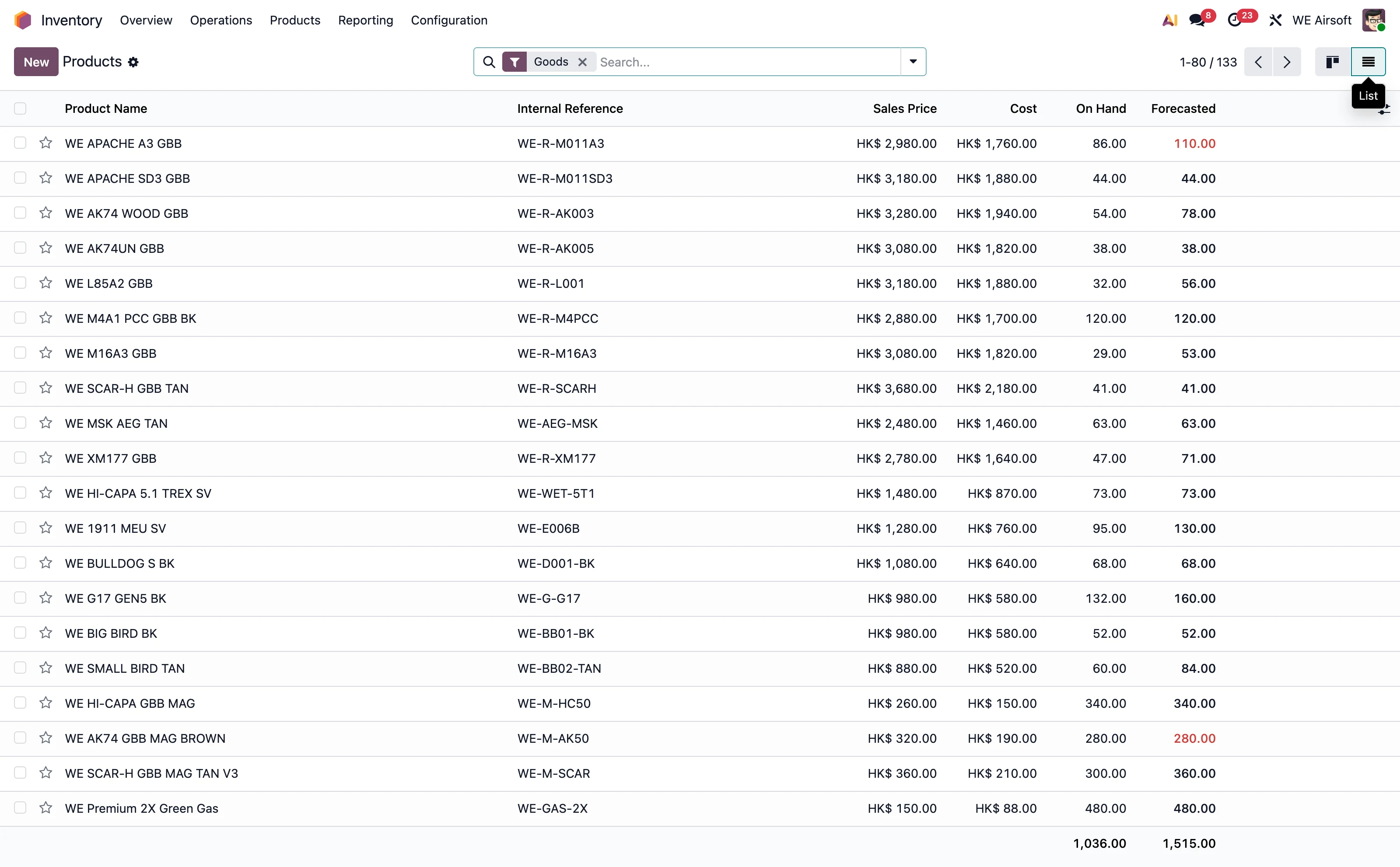 WE Airsoft Odoo inventory dashboard with real-time stock levels